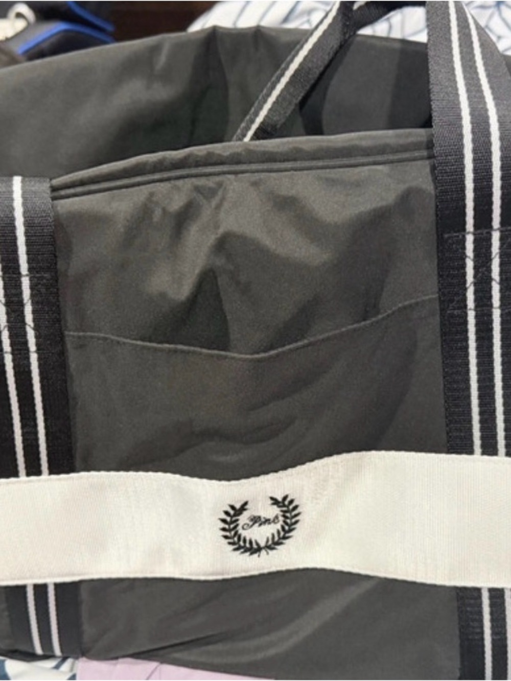 Black and white  Canvas Tote with black Straps and Laurel Logo with word Pink